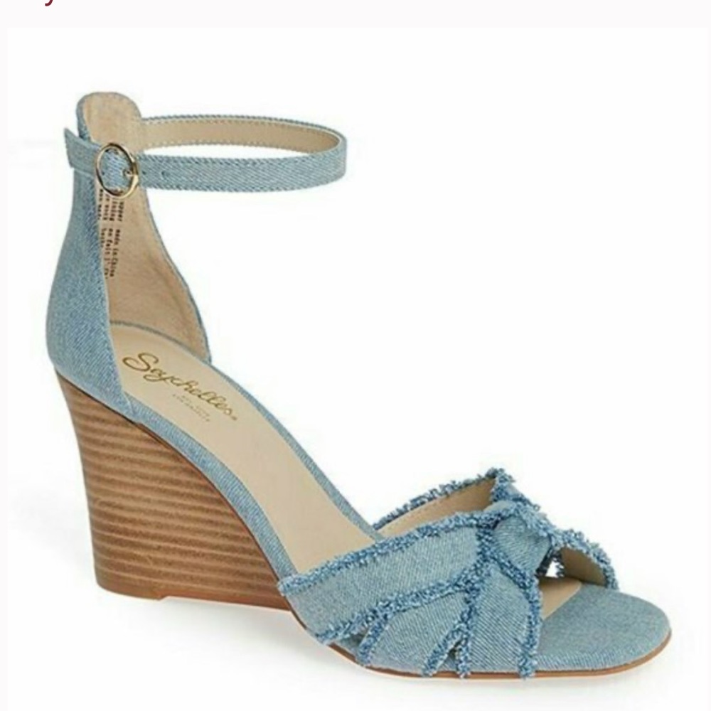 Anthro Seychelles Sunrays light blue denim wedges square size 8